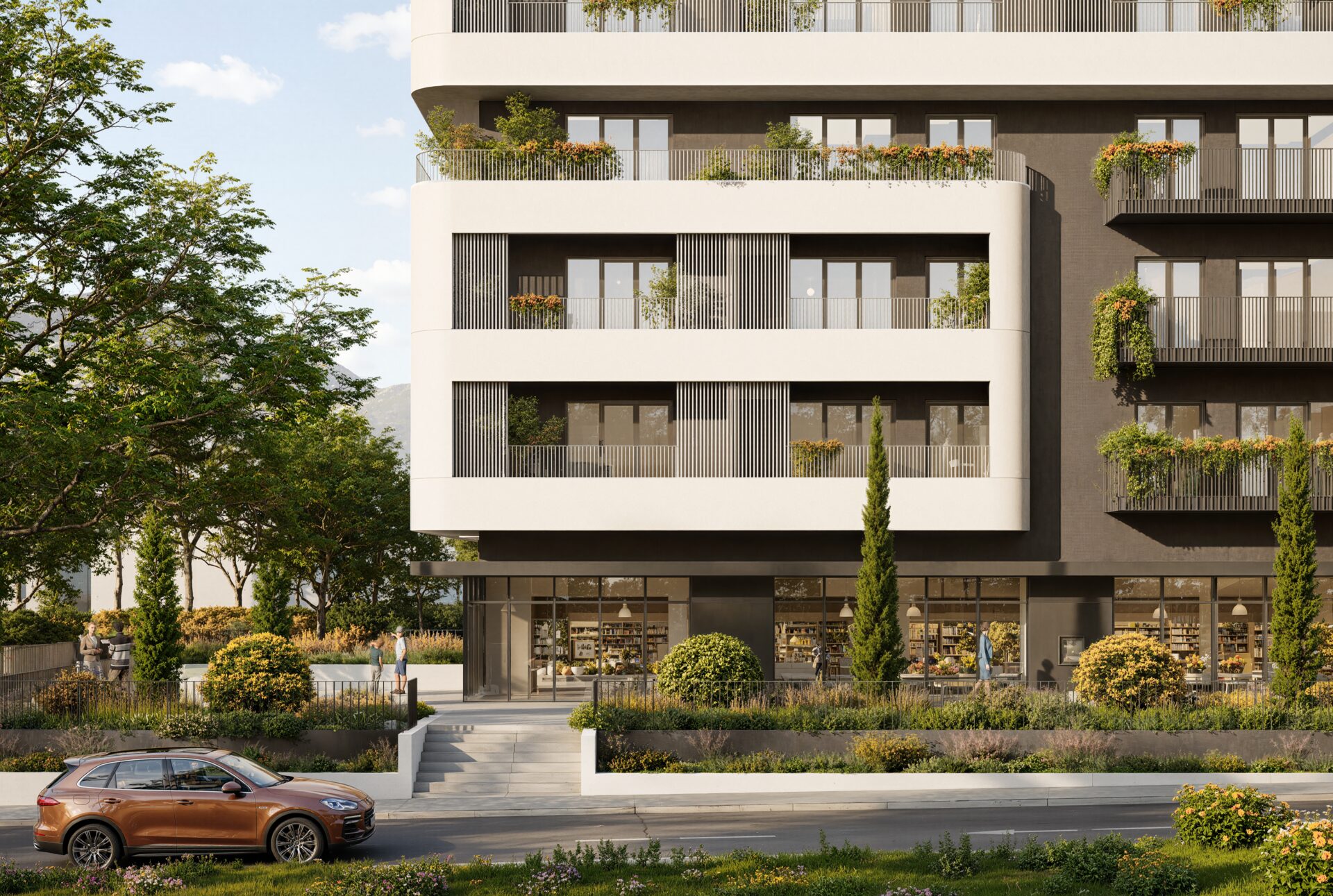 Central Park Homes — ulazna zona sa zelenilom i lokalima u prizemlju