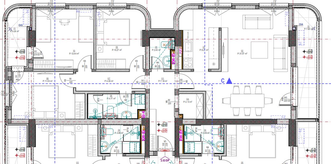 Osnova trosobnog stana — dnevni boravak preko 30 m², tri spavaće sobe i dvije terase